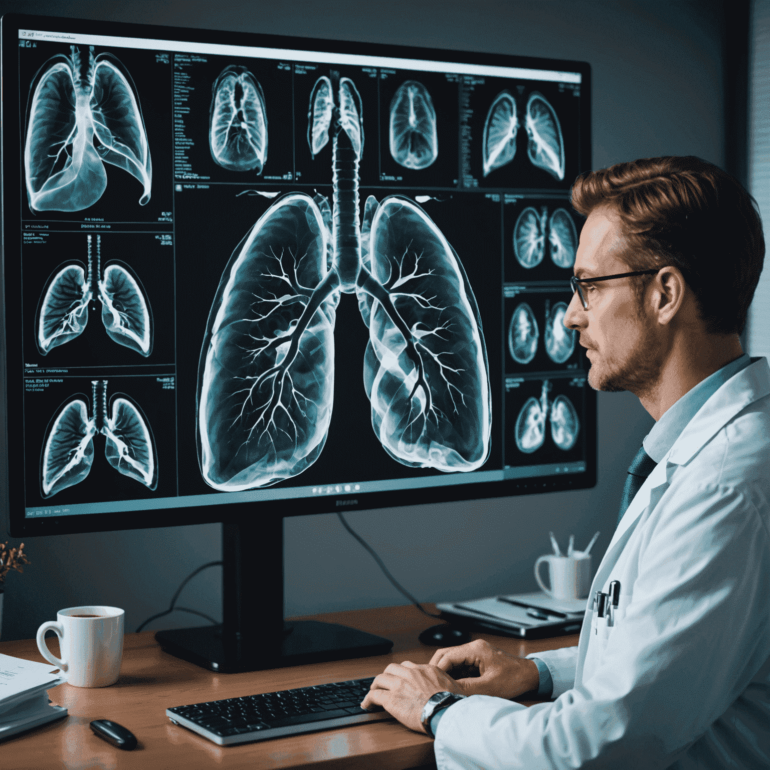Lekár analyzujúci medicínske snímky pomocou systému s neurónovou sieťou na veľkom monitore. Zobrazené sú röntgenové snímky pľúc s vyznačenými potenciálnymi anomáliami.