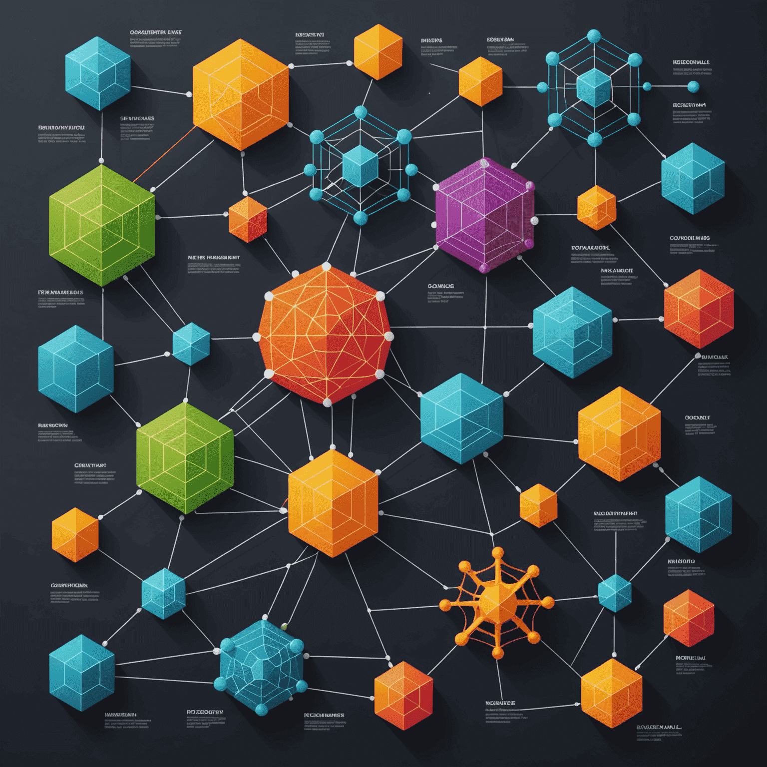 Infografika zobrazujúca rôzne typy neurónových sietí ako konvolučné, rekurentné a dopredné siete, každá reprezentovaná jedinečným geometrickým vzorom v živých farbách.