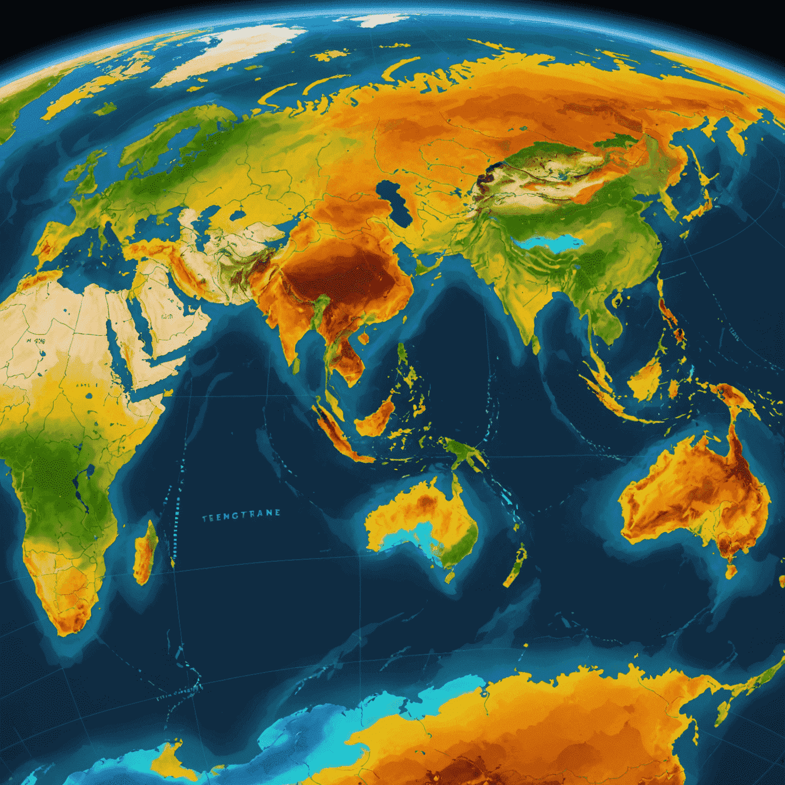 Vizualizácia klimatického modelu založeného na neurónovej sieti, zobrazujúca predpoveď globálnych teplotných zmien na nasledujúce desaťročie. Mapa sveta s farebnými gradientmi reprezentujúcimi teplotné anomálie.